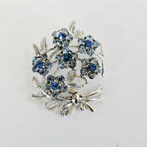 Vintage Coro Signed "Belle Fleur" 1954 Floral Blue Rhinestone Bouquet Brooch Pin